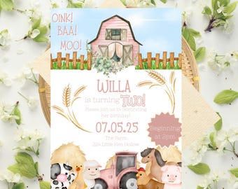 Editable "Oink, Baa, Moo" Second Birthday Invitation, Pink Farm Theme, Farm Animals, Birthday Invitation Template