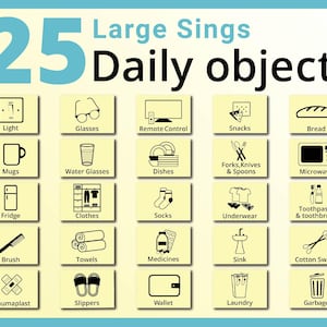 May include: A poster with the text "25 Large Sings Daily objects" and illustrations of everyday items like a light switch, glasses, mugs, and a microwave. The illustrations are in black and white on yellow squares.