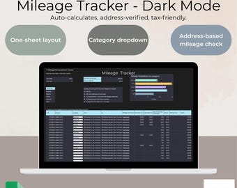 Mileage Reimbursement Tracker DARK MODE - Google Sheets Template for Business, Tax, or Personal Use