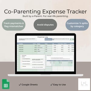 May include: A laptop displays a co-parenting expense tracker. The screen shows an expense log with categories, amounts, and split percentages. Text on the screen includes "Track payments & flag mismatches," "Avoid disputes," and "Customize % splits by category."