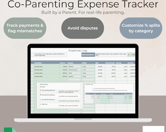 May include: A laptop displays a co-parenting expense tracker. The screen shows an expense log with categories, amounts, and split percentages. Text on the screen includes "Track payments & flag mismatches," "Avoid disputes," and "Customize % splits by category."
