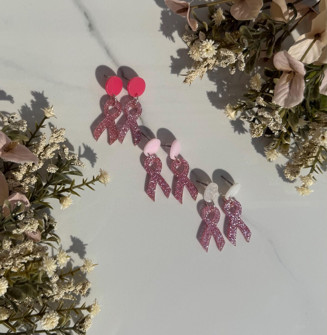 Handmade Glitter Acrylic Pink Ribbon Earrings Breast Cancer Awareness