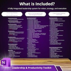 May include: A digital leadership and productivity toolkit, featuring a comprehensive system for vision, strategy, and execution. Includes templates for team management, strategic roadmaps, and project portfolio management. The image displays a purple and white design.