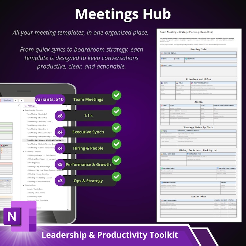 May include: A digital tablet displays meeting templates, including Team Meetings, 1:1's, and Executive Sync's. The image features the text "Meetings Hub" and "Leadership & Productivity Toolkit" with a purple and white color scheme. A document with a meeting agenda is also shown.