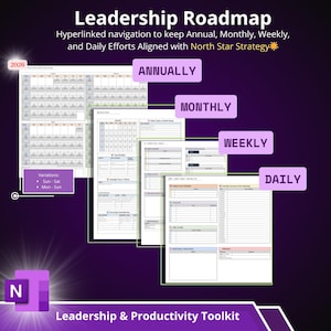 May include: A Leadership Roadmap graphic with a purple gradient background. The image displays annual, monthly, weekly, and daily planning templates. Text includes "Leadership Roadmap" and "Leadership & Productivity Toolkit."