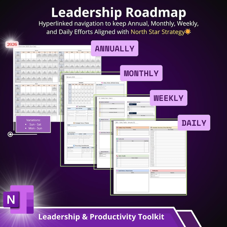 May include: A Leadership Roadmap graphic with a purple gradient background. The image displays annual, monthly, weekly, and daily planning templates. Text includes "Leadership Roadmap" and "Leadership & Productivity Toolkit."
