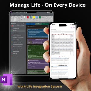 May include: A digital planner interface displayed on a tablet and a smartphone screen. The tablet shows a OneNote notebook with a sidebar of sections and a yearly reflection page. The smartphone displays a January 2023 calendar and task list.