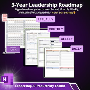 May include: A leadership and productivity toolkit with a 3-year roadmap. The image shows annual, monthly, weekly, and daily planning pages. Text includes "ANNUALLY", "MONTHLY", "WEEKLY", and "DAILY". The toolkit includes variations for Sun-Sat and Mon-Sun.
