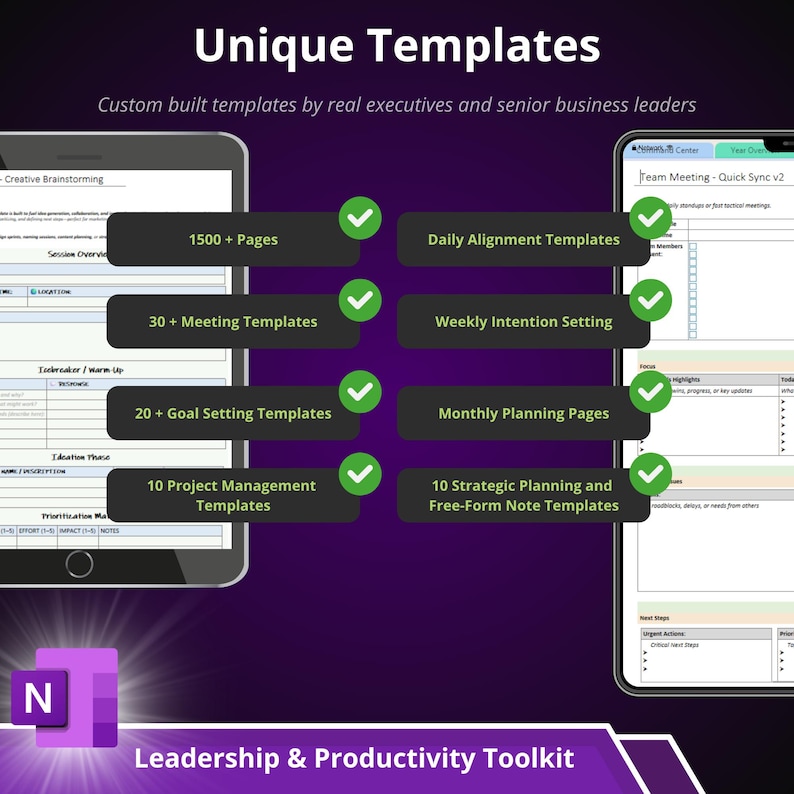 May include: Image of a Leadership & Productivity Toolkit with the text "Unique Templates." The image shows two tablets displaying templates, including 1500+ pages, 30+ meeting templates, and 10 project management templates. The toolkit is designed for business leaders.
