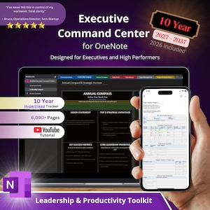 May include: A digital productivity toolkit for OneNote titled Executive Command Center, featuring a 10-year hyperlinked tracker, 6,000+ pages, and a YouTube tutorial. The display shows an annual compass dashboard on a laptop and a team health check-in on a smartphone.
