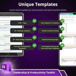 May include: A digital product image showcasing a Leadership & Productivity Toolkit. The image displays templates on tablets, including 1500+ pages, meeting templates, goal setting templates, and project management templates. The text reads "Unique Templates."