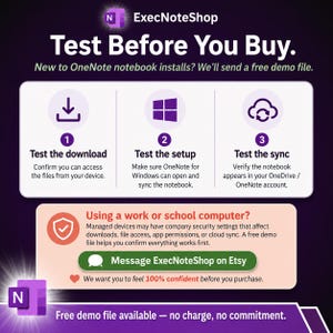 May include: A purple and white informational graphic for ExecNoteShop titled Test Before You Buy. It outlines three steps to test OneNote notebook files: download, setup, and sync. It includes a section for work or school computer users.
