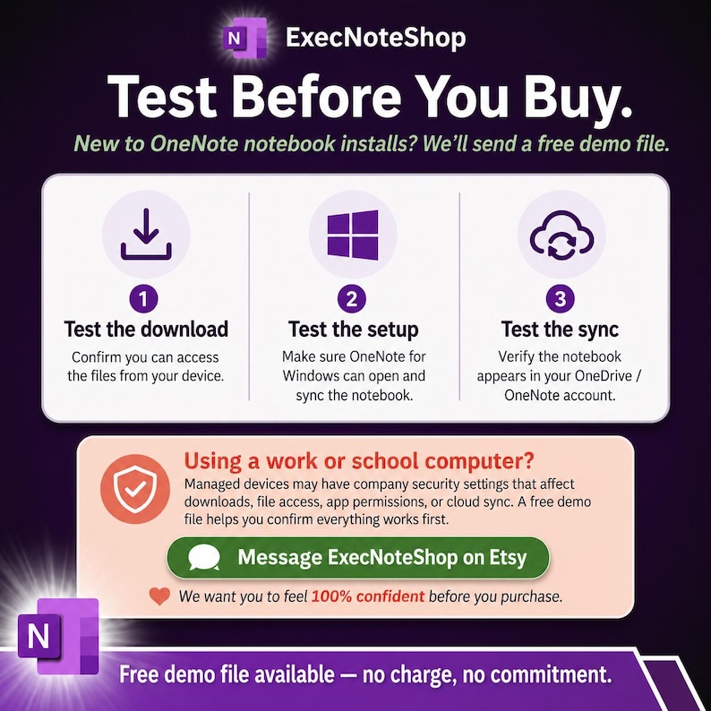 May include: A purple and white informational graphic for ExecNoteShop titled Test Before You Buy. It outlines three steps to test OneNote notebook files: download, setup, and sync. It includes a section for work or school computer users.