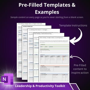 May include: A purple graphic with the text "Pre-Filled Templates & Examples" and "Leadership & Productivity Toolkit." The image shows several templates for meetings and productivity, with sample content.