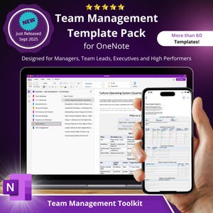 Puede incluir: Anuncio de un paquete de plantillas de gestión de equipos para OneNote. La imagen muestra un portátil y un smartphone que muestran las plantillas. El texto incluye "¡Más de 60 plantillas!" y "Team Management Toolkit".