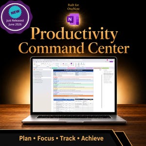 Op de afbeelding: Een laptop met een Productivity Command Center voor OneNote, inclusief een Smart Goal Setting Worksheet. Het scherm toont georganiseerde secties, tabellen en tekst. Boven de laptop staat Built for OneNote en Productivity Command Center, met een paarse badge New Just Released June 2026. De onderste tekst luidt Plan • Focus • Track • Achieve.