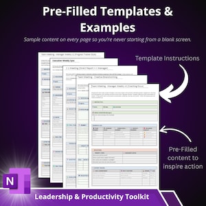 May include: A purple graphic with the text "Pre-Filled Templates & Examples" and "Leadership & Productivity Toolkit." The image shows several pages of pre-filled templates for meetings and brainstorming sessions, with arrows pointing to key features.