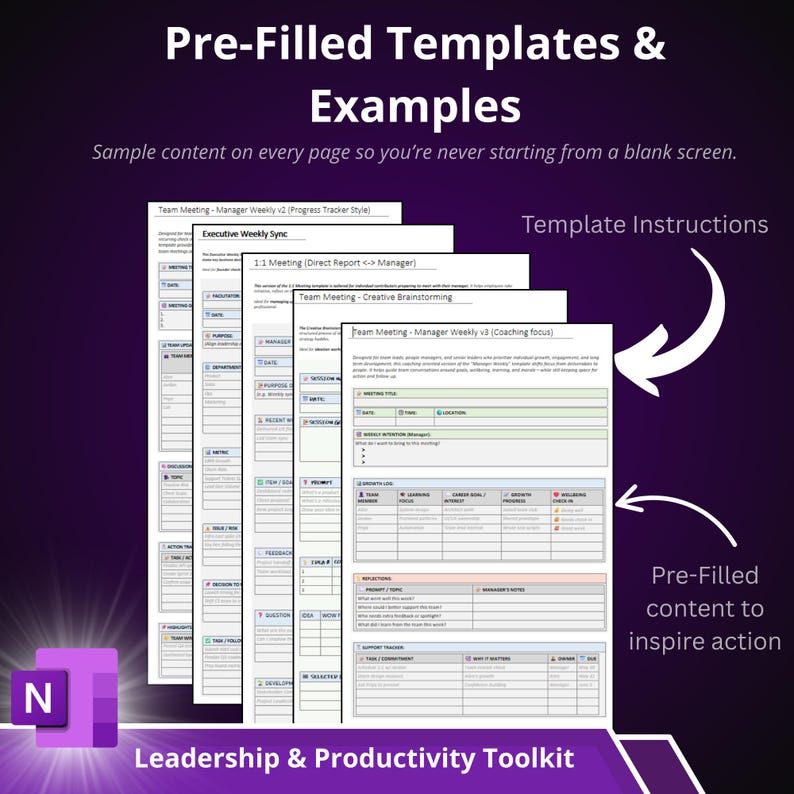 May include: A purple graphic with the text "Pre-Filled Templates & Examples" and "Leadership & Productivity Toolkit." The image shows several pages of pre-filled templates for meetings and brainstorming sessions, with arrows pointing to key features.