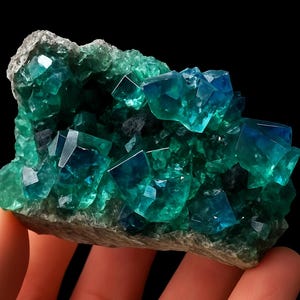 May include: A close-up of a fluorite mineral specimen. The crystals are a mix of teal and blue, with a glassy appearance. The crystals are set in a grey matrix. The background is black.