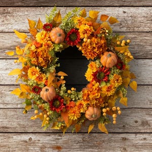 Könnte beinhalten: Ein herbstliches Kranzdesign mit orangefarbenen und gelben Blumen, kleinen Kürbissen und Herbstlaub. Der Kranz ist vor einem rustikalen Holzhintergrund angeordnet.