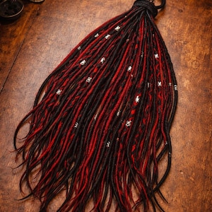 Blood Moon 24” Single Loop Dreadlock Falls – Black & Red Ombré Gothic Hair Extensions with Skull Charms