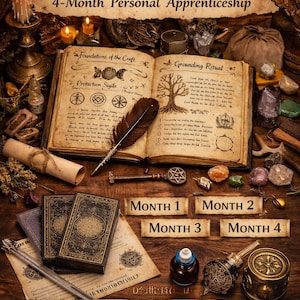 May include: An open grimoire with handwritten text, a feather quill, and a key, surrounded by candles, crystals, and other mystical items. The image includes the text "Witchcraft Mentorship Grimoire" and "Handwritten & Personalized".