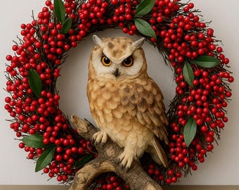 Owl Berry Wreath: Woodland Christmas Mantle Decor