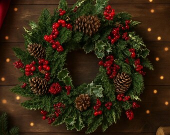 Red Berry Yule Wreath: Pagan Winter Solstice Fairy Lights