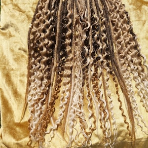 Blonde & Honey Brown Boho Dreadlock Extensions – 24″ Crochet Locs with Braids, Curls and Beads • Handmade Synthetic Set