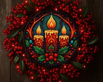 Red Berry Yule Wreath: Pagan Winter Solstice Fairy Lights, Candle Plaque