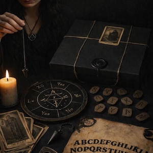 Könnte beinhalten: Eine Auswahl an Wahrsage-Werkzeugen, darunter Tarotkarten, eine Planchette, ein Ouija-Brett und ein Pendel. Eine brennende Kerze und eine schwarze Box mit einer Tarotkarte sind ebenfalls vorhanden. Das Thema ist mystisch und okkult.