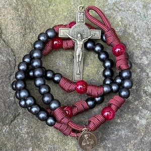 Gunmetal black and red Sacred Heart of Jesus paracord rosary