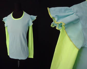 NEON Yellow & Blue Nylon DEADSTOCK Vintage 1980's NOS Women's Ruffled Shirt M