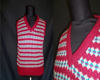 Red Striped V NECK Vintage 1980's NOS Nerdy Women's Sweater Vest M