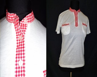 Red Gingham Shortsleeved Vintage 1960's NOS Women's White Semi Sheer Shirt S M