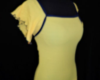 Sunny Yellow Nylon Stretch FLUTTER SLEEVE Vintage 1980's NOS Women's Shirt M