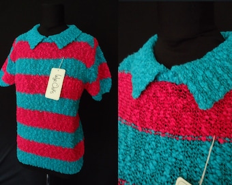 Turquoise & Pink Striped PREPPY Vintage 1980's NOS Women's Polo Shirt Sweater M