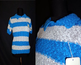 BUMPY Blue & White Striped Vintage 1980's NOS Women's Sweater Polo Shirt S