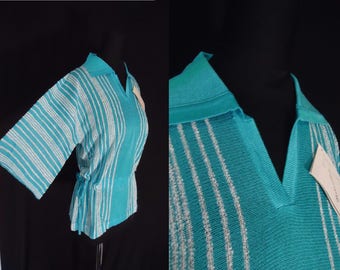 Turquoise Striped BELLSLEEVED Vintage 1960's NOS Women's Peplum Shirt Sweater L XL 42B