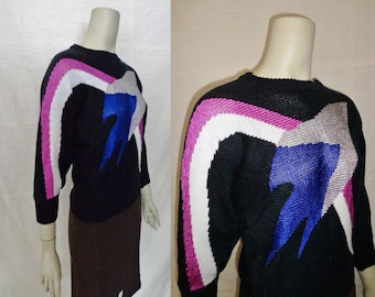 Abstract Black Knit Vintage 1980's NOS Batwing Women's Sweater S