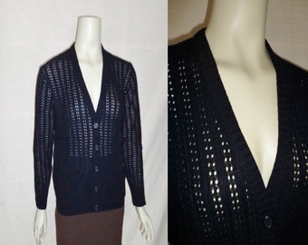 BLACK Open Knit Striped Vintage 1980's NOS Women's Cardigan Sweater M