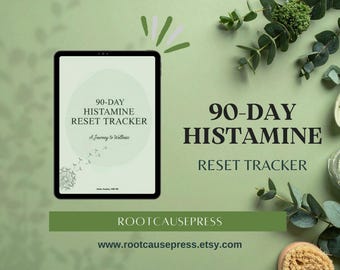 Histaminåterställningsspårare i PDF-format, arbetsbok och symptomdagbok för lågt histamin, journal för matkänslighet, supportguide för histaminintolerans