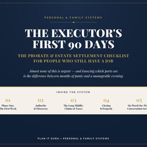 May include: A dark blue informational graphic titled The Executor's First 90 Days: The Probate & Estate Settlement Checklist for People Who Still Have a Job. It outlines five phases including The First Week, Authority & Discovery, Claims & Taxes, Closing It Properly, and Six Word-for-Word Conversation Scripts.