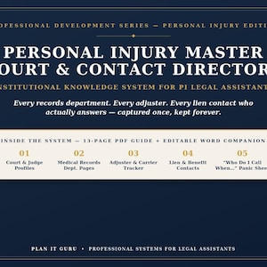 Puede incluir: Un documento digital azul oscuro titulado Personal Injury Master Court & Contact Directory. Incluye una guía PDF de 13 páginas y un archivo Word editable. El sistema contiene perfiles de tribunales y jueces, páginas de registros médicos, un rastreador de ajustadores, contactos de gravámenes y una hoja de referencia Who Do I Call When.