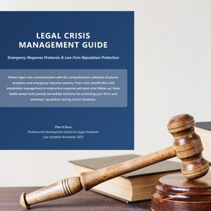 Puede incluir: Un mazo de madera descansa sobre un bloque de madera, junto a un libro y una guía titulada "LEGAL CRISIS MANAGEMENT GUIDE". La portada de la guía es azul oscuro con texto blanco. La guía es para protocolos de respuesta a emergencias y protección de la reputación del bufete de abogados.
