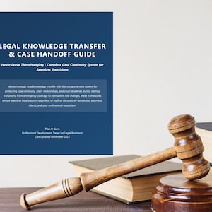 Op de afbeelding: Een houten hamer en blok liggen voor een boek en een donkerblauwe gids met de titel "Legal Knowledge Transfer & Case Handoff Guide". De tekst van de gids is wit. De hamer bevindt zich voor het boek.