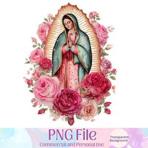 Puede incluir: Ilustración en acuarela de la Virgen María con una capa color turquesa y un vestido rosa, con las manos juntas en oración. Rodeada de rosas rosas y rojas, con un halo dorado. La imagen incluye el texto "PNG File" y "Commercial and Personal Use".