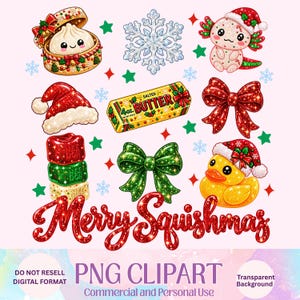 Könnte beinhalten: Eine Sammlung glitzernder Weihnachts-Cliparts mit einem Knödel im Dämpfer, einer Schneeflocke, einem Axolotl, einer Weihnachtsmütze, einem 113g Stück gesalzener Butter, einer roten Schleife, drei Nee Doh Spielzeugen, einer grünen Schleife, einer Ente und dem Text Merry Squishmas.
