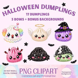 May include: A digital clipart set titled HALLOWEEN DUMPLINGS featuring 17 dumplings, 5 bows, and bonus backgrounds. The image displays six glittery, cartoon-style dumplings dressed as a clown, an angel, a witch, a devil, a spider, and a monster.