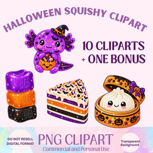 Puede incluir: Conjunto de imágenes prediseñadas digitales con un ajolote morado con sombrero de bruja sosteniendo una calabaza, una pila de cubos Nee Doh morados, naranjas y negros, una rebanada de pastel en capas con chispas y un dumpling en una vaporera.